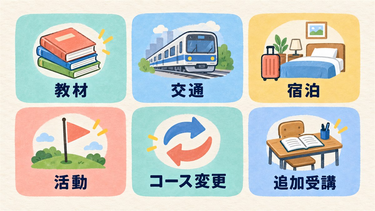 学費以外に確認したい追加費用の項目を示す図