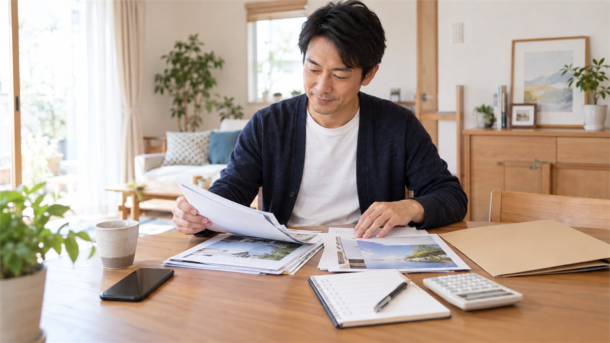 学費の確認項目を整理して相談の準備をする日本人の父親