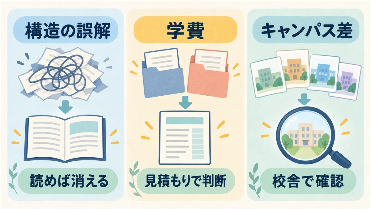 不安な評判を構造の誤解・学費・キャンパス差に分ける図