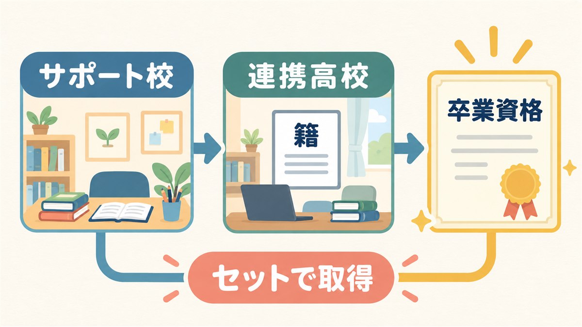 サポート校と連携高校を合わせて卒業資格を得る仕組みの図