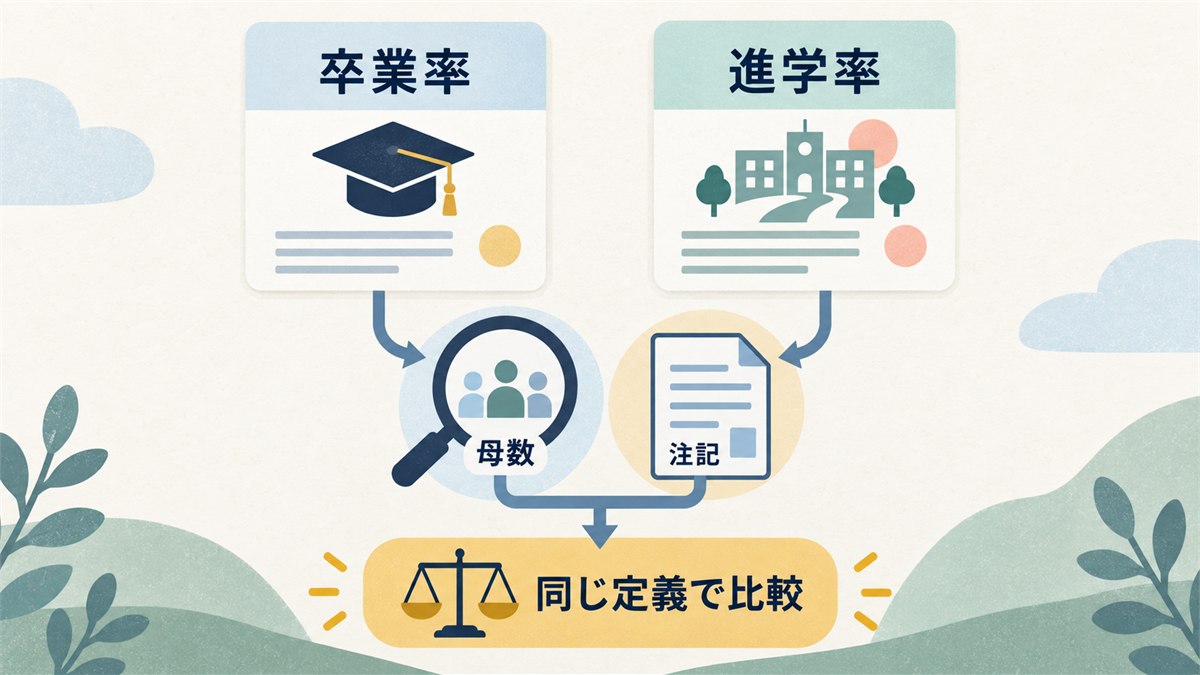 卒業率や進学率を母数と注記まで確認して比較する図