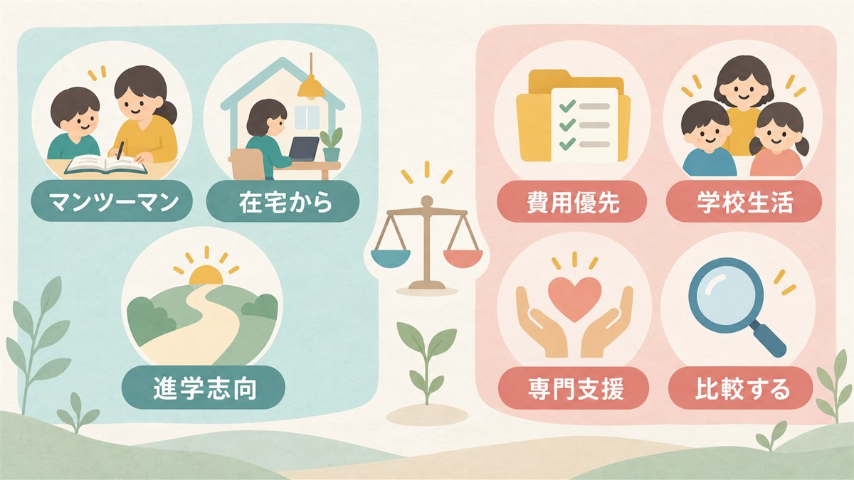 トライ式に合いやすい条件と比較したい条件を整理する図