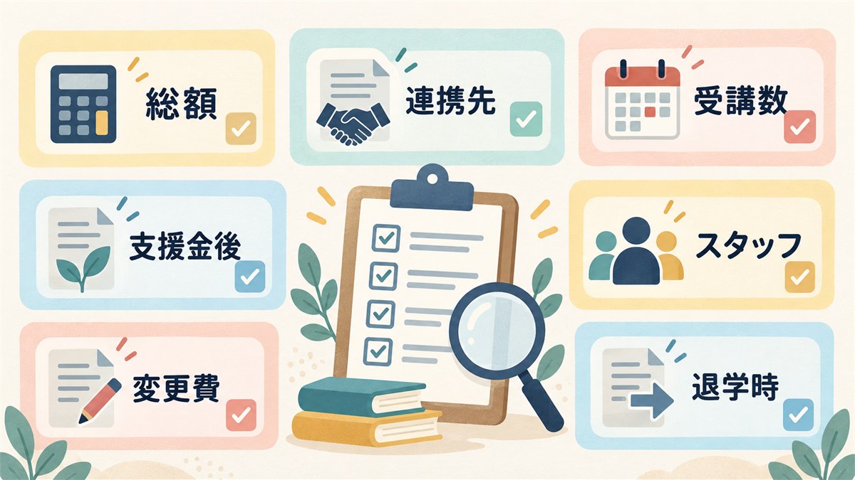 見学や相談で確認する七つの項目をまとめたチェックリスト図