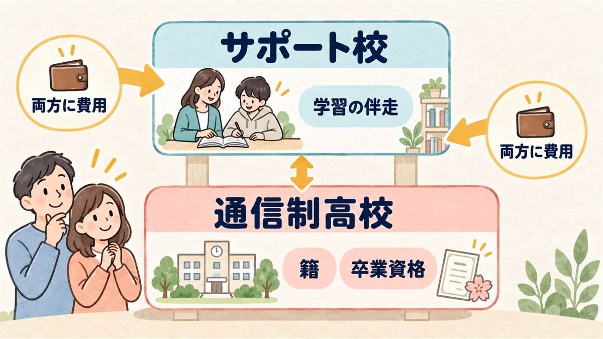 サポート校と通信制高校の二階建て構造を示す図