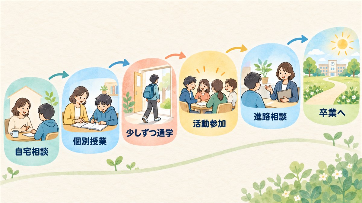 自宅での相談から卒業へ少しずつ進む支援の流れ図