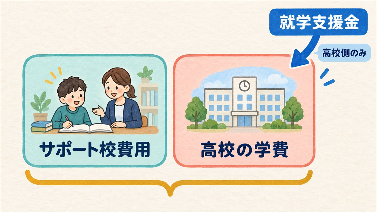 サポート校費用と高校の学費が両方かかる構造を示す図