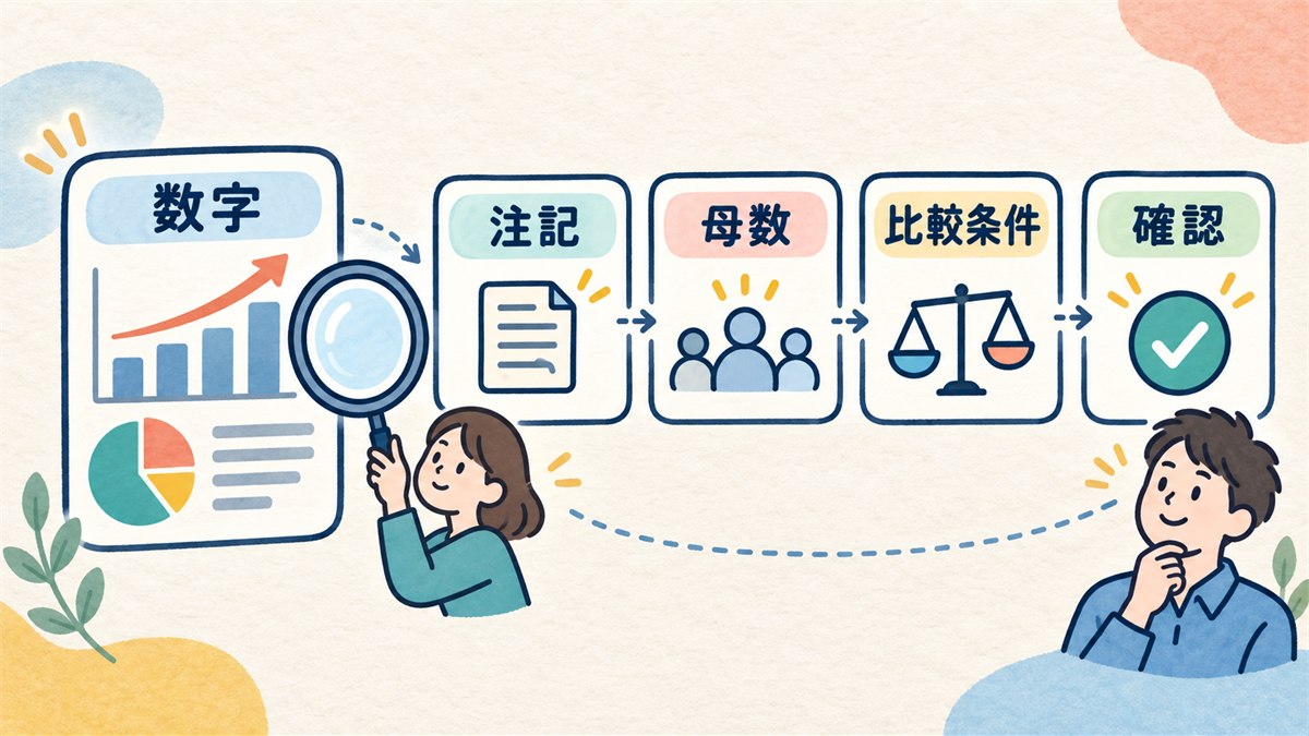 実績の数字を注記や母数と合わせて読む手順を示す図