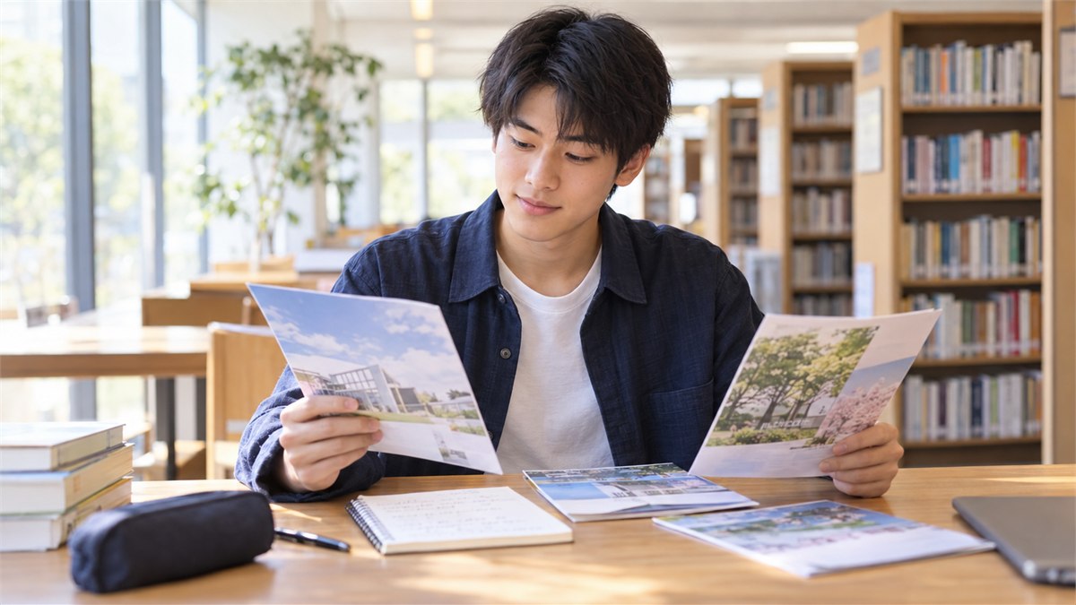 複数の進路資料を比較して次の相談先を考える日本人高校生