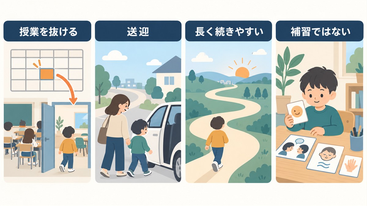 時間割から授業を抜けることや送迎、補習ではない活動を示す図解
