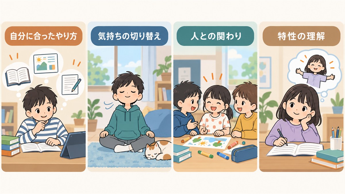 小学生が自分に合う方法や気持ちの切り替えを学ぶ目標を示す図解