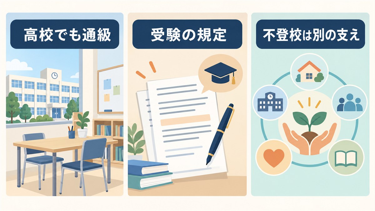 高校での通級と受験規定、不登校への別の支援を示す図解