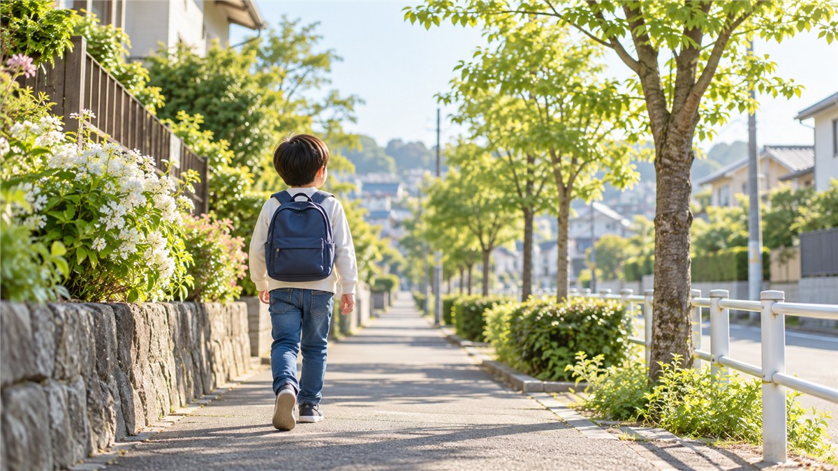 朝の通学路を前向きに歩く日本人の児童の後ろ姿