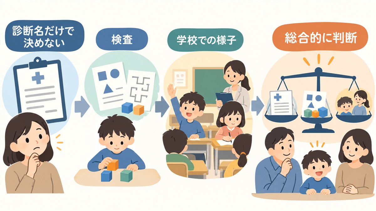 診断名だけで決めず検査と学校での様子を総合判断する図解