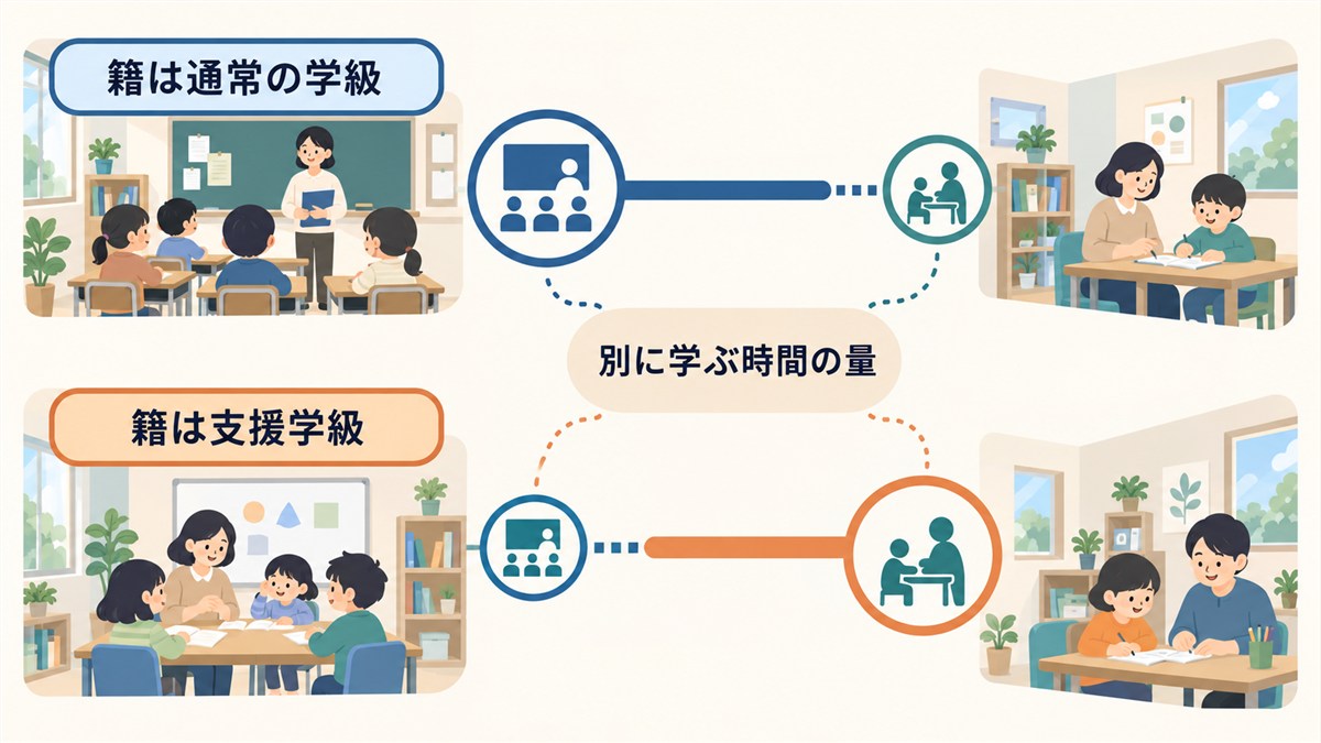 通常の学級と支援学級の在籍先と別に学ぶ時間を比較する図解
