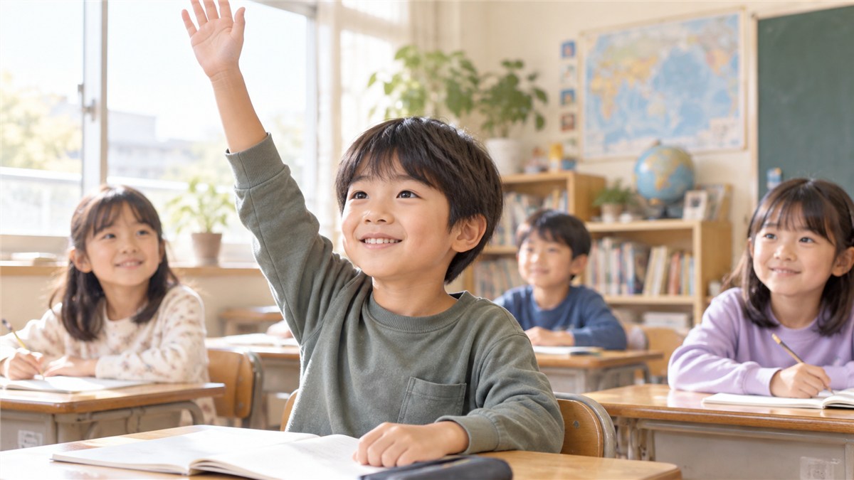 通常の学級で自信を持って手を挙げる日本人の児童