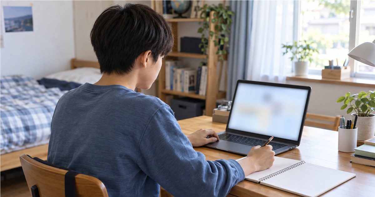明るい自室の机で、ノートパソコンと開いたノートに向かう日本人の中学生くらいの子どもの後ろ斜めの姿