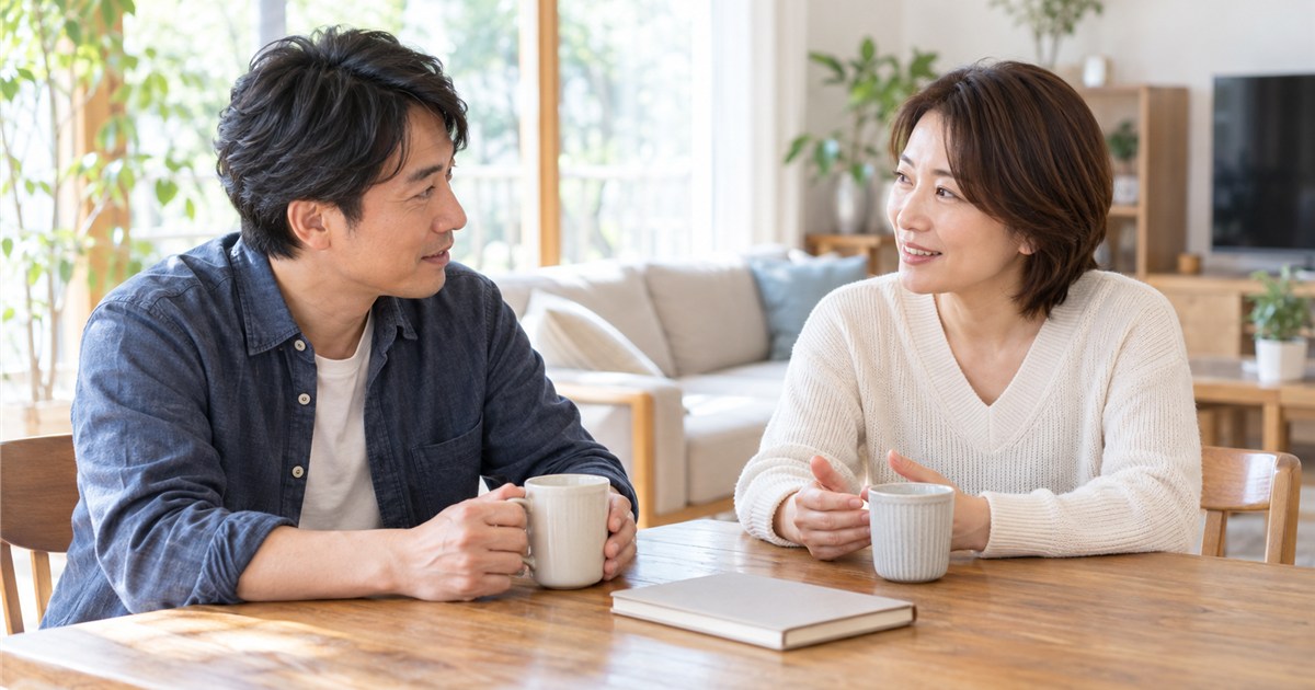 昼の明るいリビングで、マグカップと閉じたノートを前に穏やかに話す日本人の夫婦