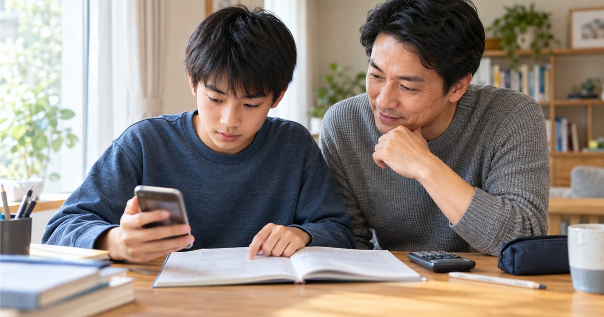 明るい自宅の机でスマートフォンとノートを見比べる日本人の中学3年生と父親