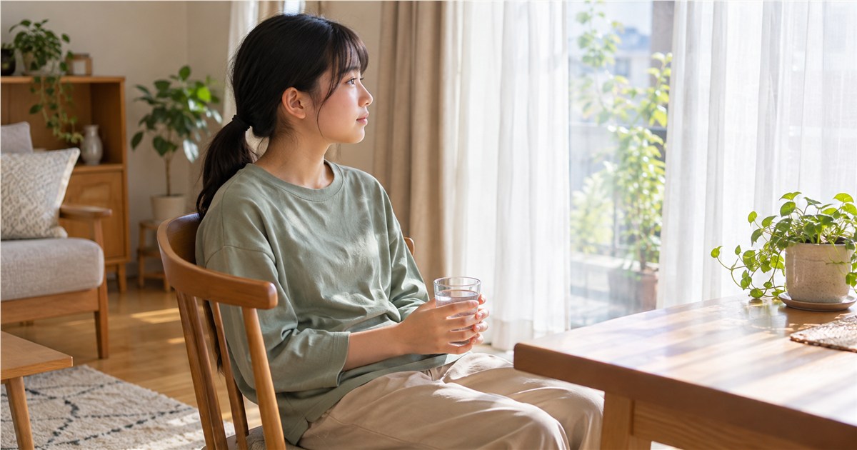 朝のやわらかな光が入るリビングの窓辺で、私服の日本人の中学生が水の入ったコップを両手で持ち、椅子で静かに休む横顔