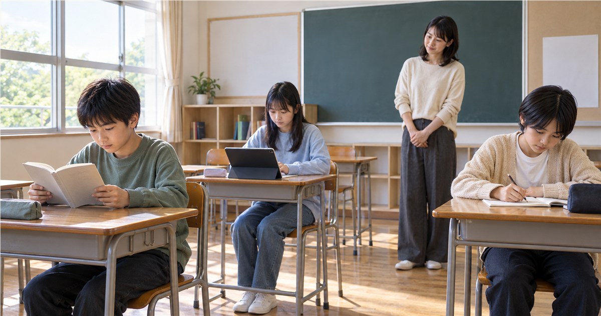 明るい小さな教室で、読書・タブレット・ノート学習をそれぞれ行う日本人の子ども3人と、少し離れて見守る大人