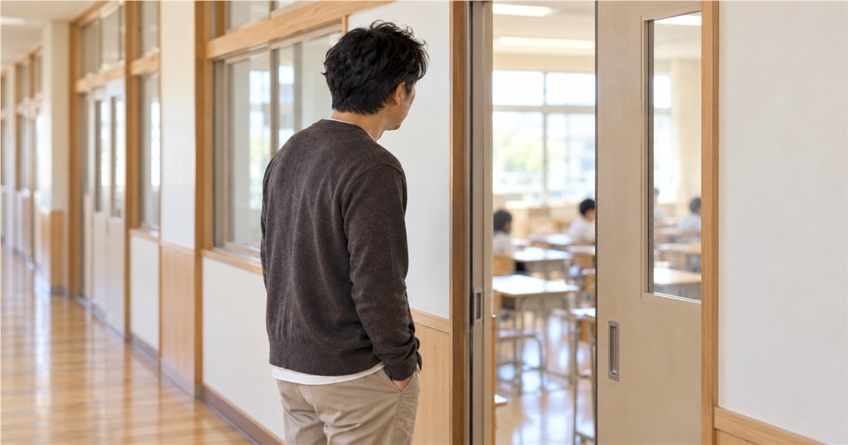 明るい小学校の廊下で、少し開いた教室の引き戸から静かに見学する日本人の保護者の斜め後ろ姿