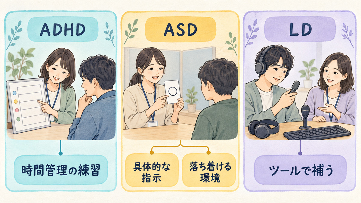 ADHDは時間管理の練習、ASDは具体的な指示と落ち着ける環境、LDはツールで補う練習と、特性別に見学で確認したい支援を対応づけた図解
