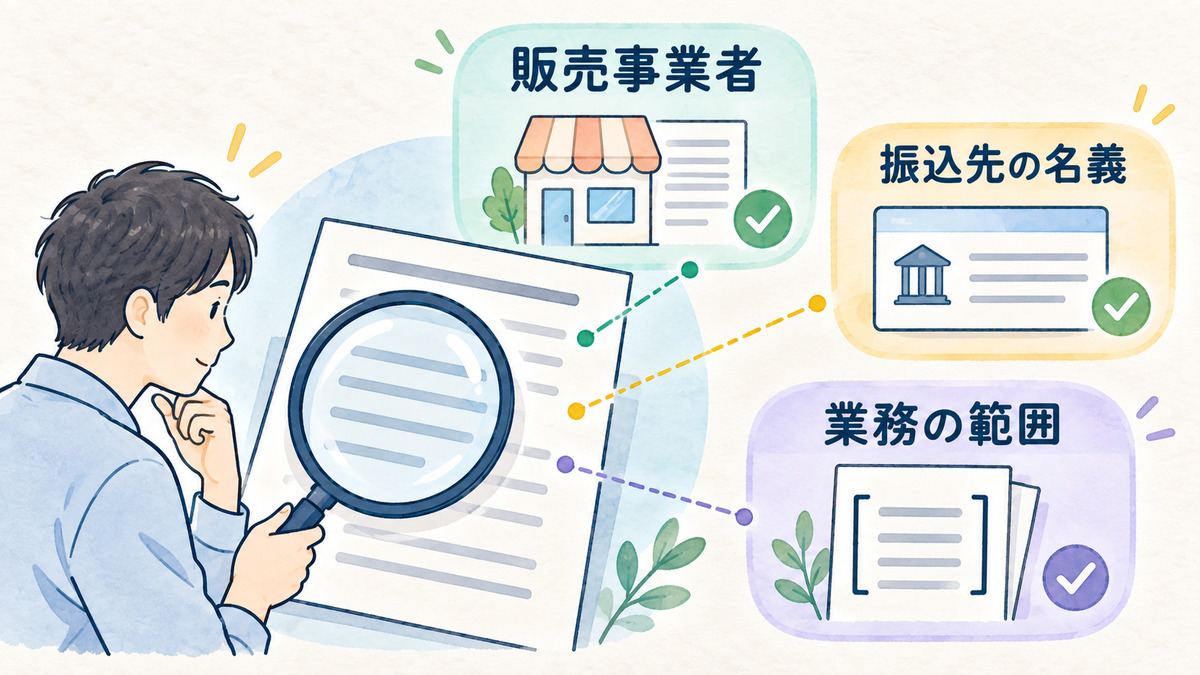 契約する前に、販売事業者・振込先の名義・業務の範囲を確かめる3つの項目の図