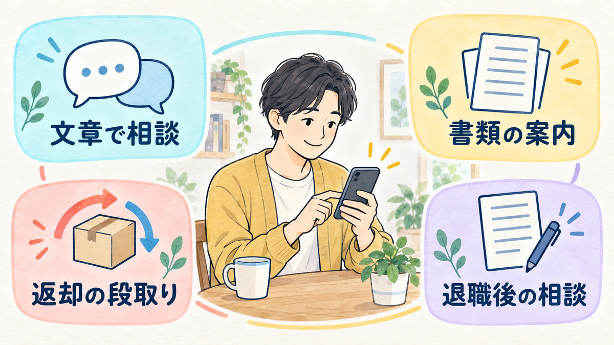 文章で相談・書類の案内・返却の段取り・退職後の相談を、スマートフォンで確かめる図