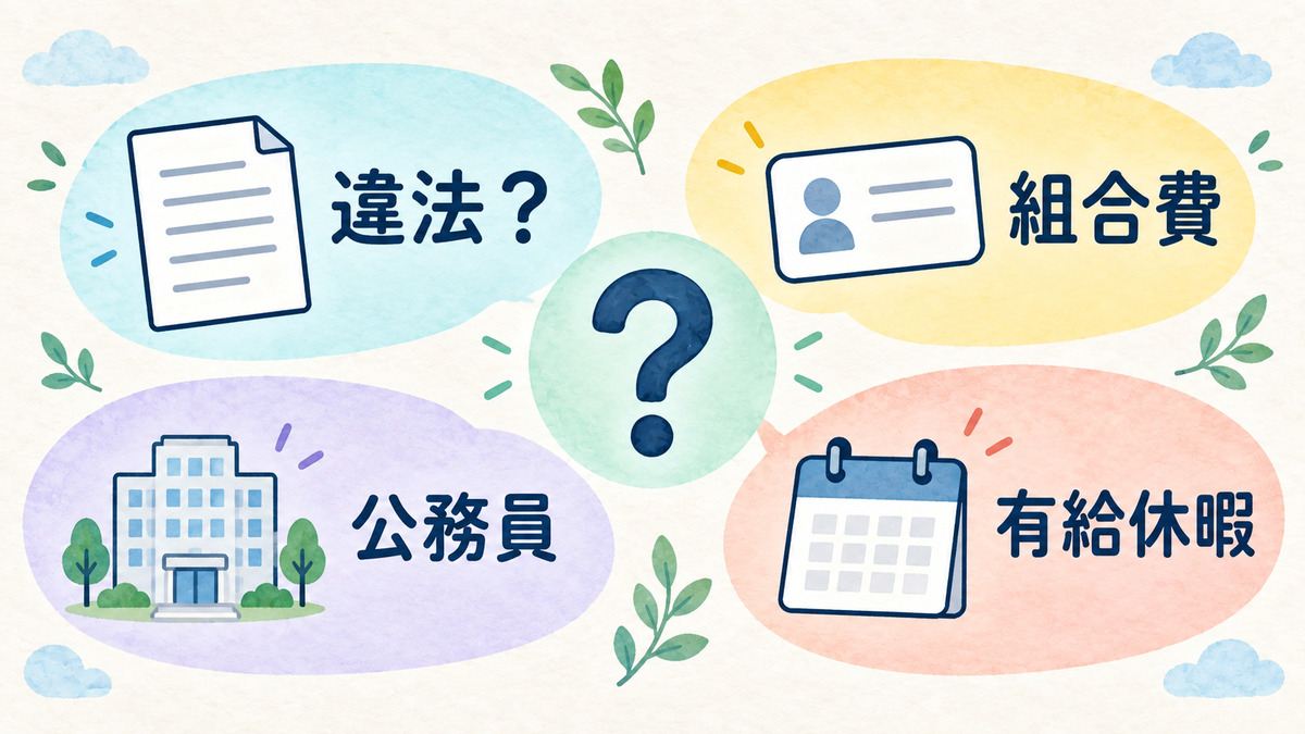 違法かどうか・組合費・公務員・有給休暇についての4つの質問を並べた図