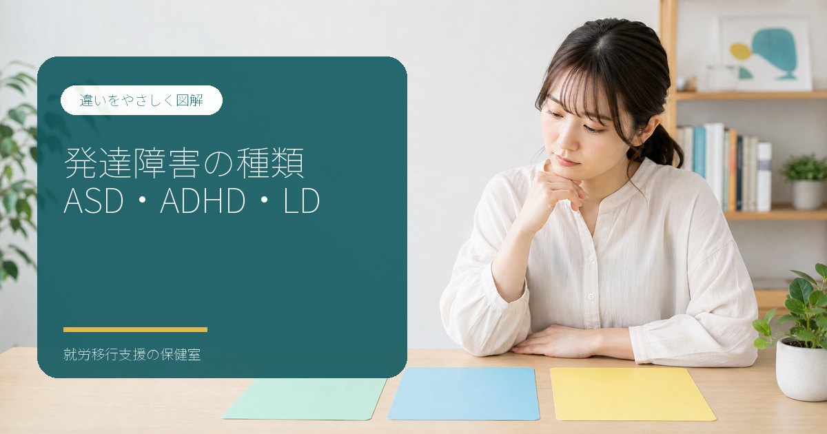 ASD・ADHD・LDを表す3色のカードを見比べる日本人女性のイメージ