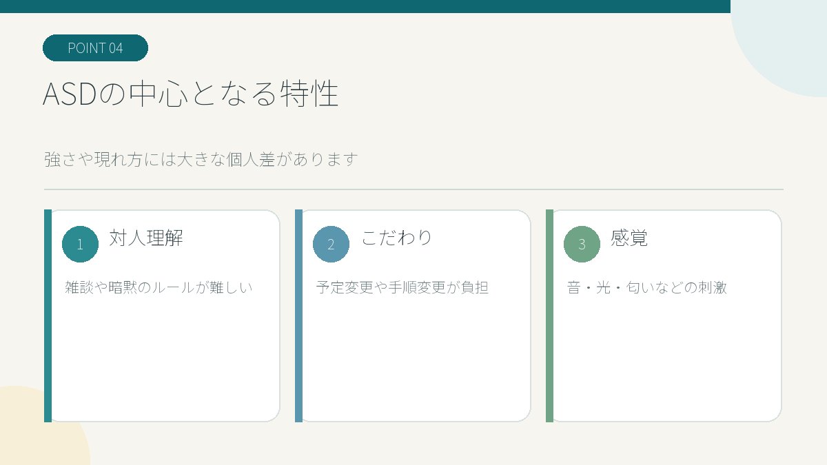 ASDの対人理解・こだわり・感覚の特徴を整理した図解