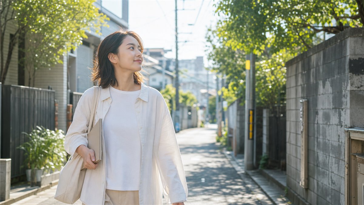 朝の住宅街を歩きながら次の一歩を考える20代の人物