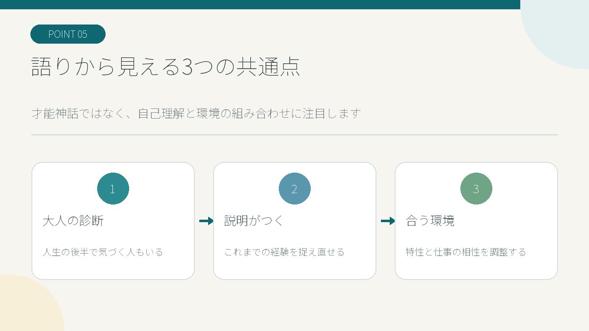 発達障害を公表した人に共通する成人診断・安堵・環境選びの3点の図解