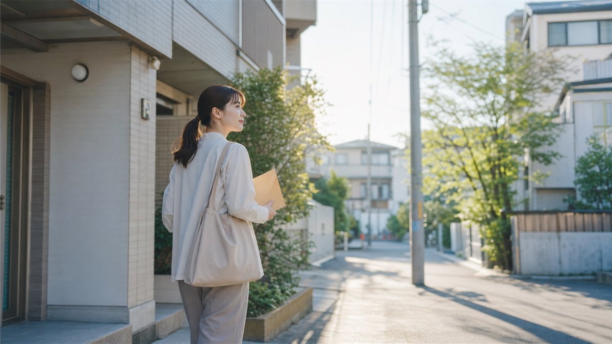 書類フォルダを持って朝の住宅街へ歩き出す20代の人物