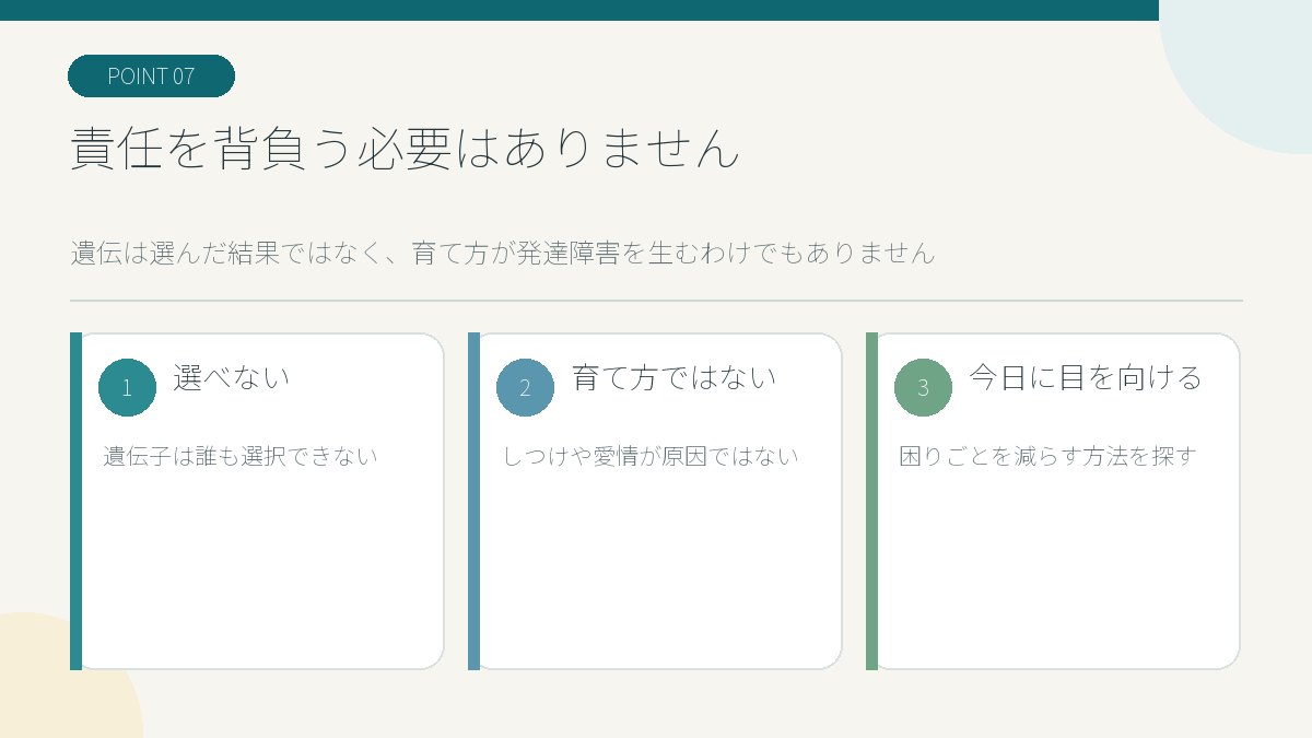 遺伝は選べず育て方が原因ではなく自分を責める必要がないことを示す図解