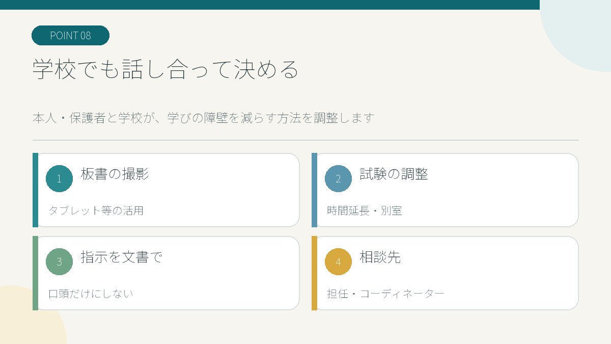 板書撮影・試験時間延長・別室受験・文書指示など学校の合理的配慮例を示す図解