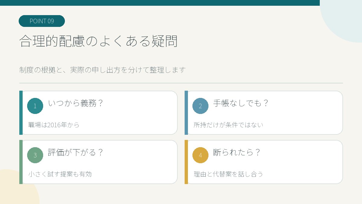 合理的配慮の義務・手帳・評価・断られた場合の疑問を整理した図解