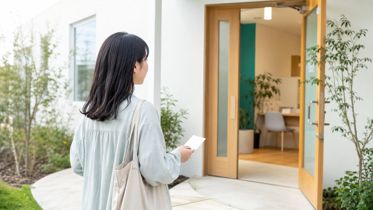 相談予約カードを持って支援施設の入口へ向かう日本人女性のイメージ