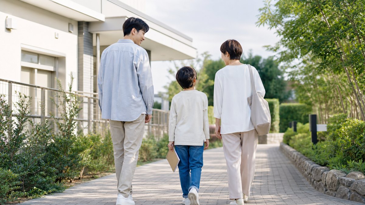 父母と子どもが一緒に支援先へ向かうように歩く家族のイメージ