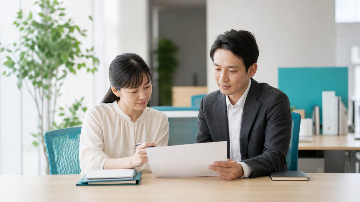 職場で社員と上司が一緒に1枚の業務調整案を確認するイメージ