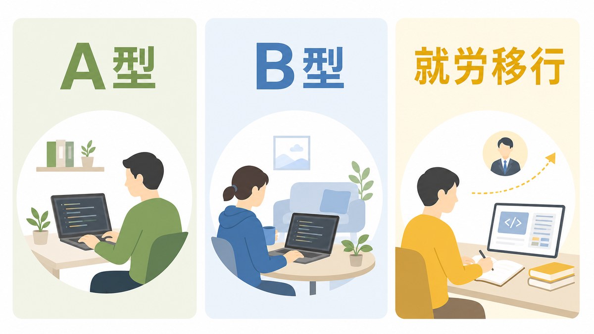 A型・B型・就労移行支援のプログラミングとの関わり方を比較する図解