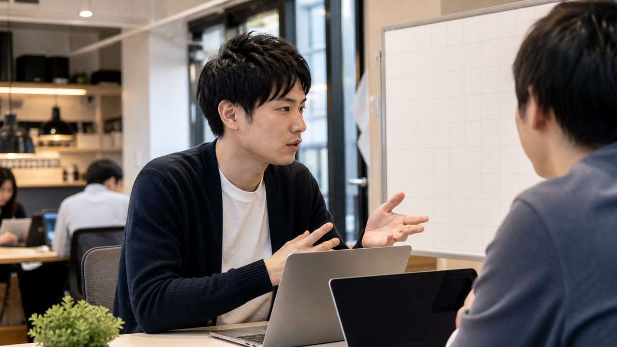 A型事業所でプログラミング業務について同僚と話す日本人の利用者