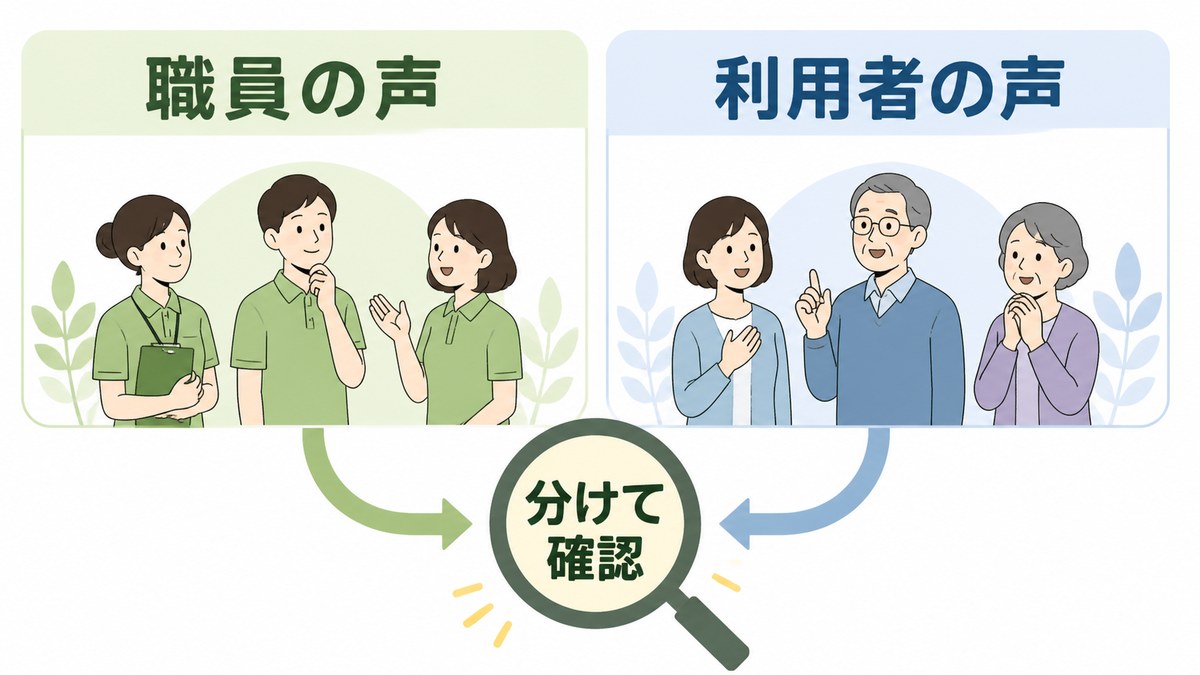 職員の声と利用者の声を分けて確認する必要を示す図解