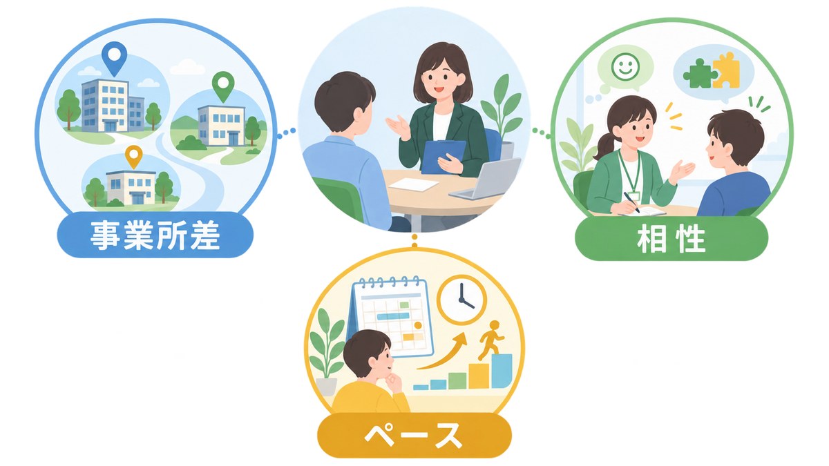 事業所差・相性・ペースというミスマッチ要因を示す図解