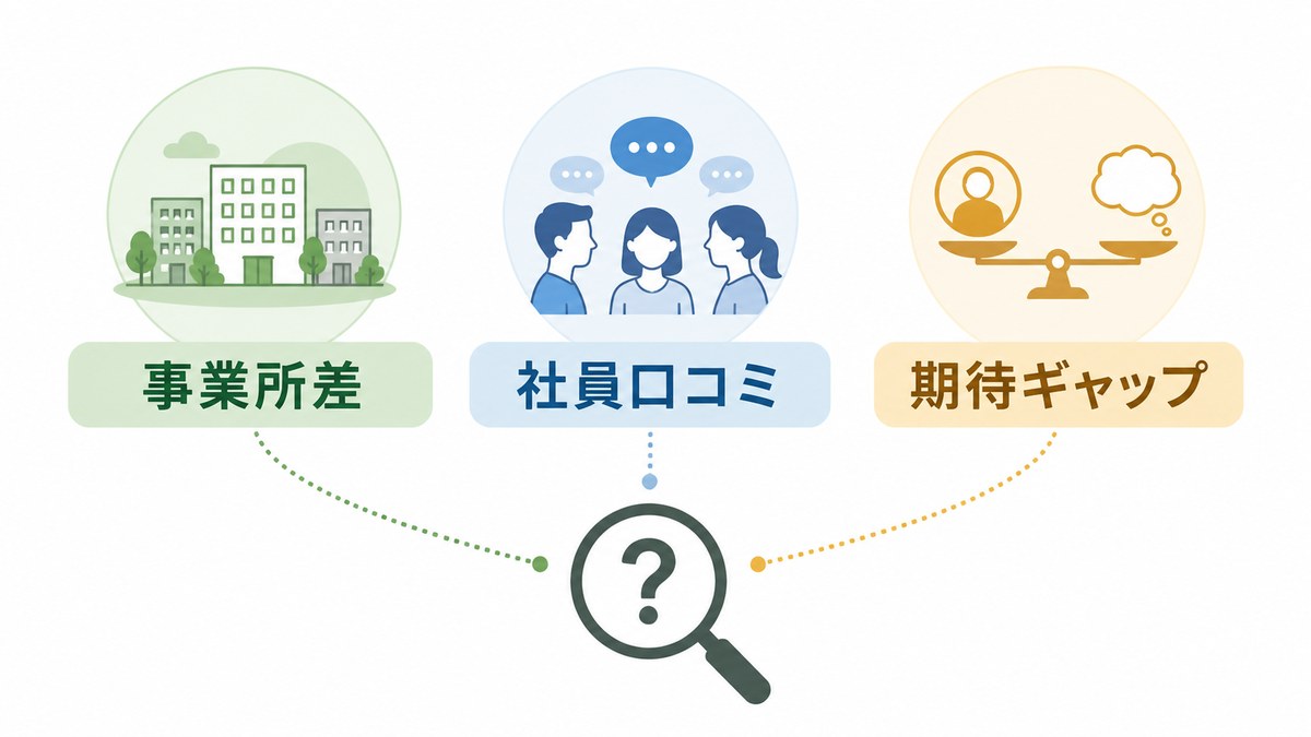 ネガティブ検索の背景にある事業所差・社員口コミ・期待ギャップを示す図解