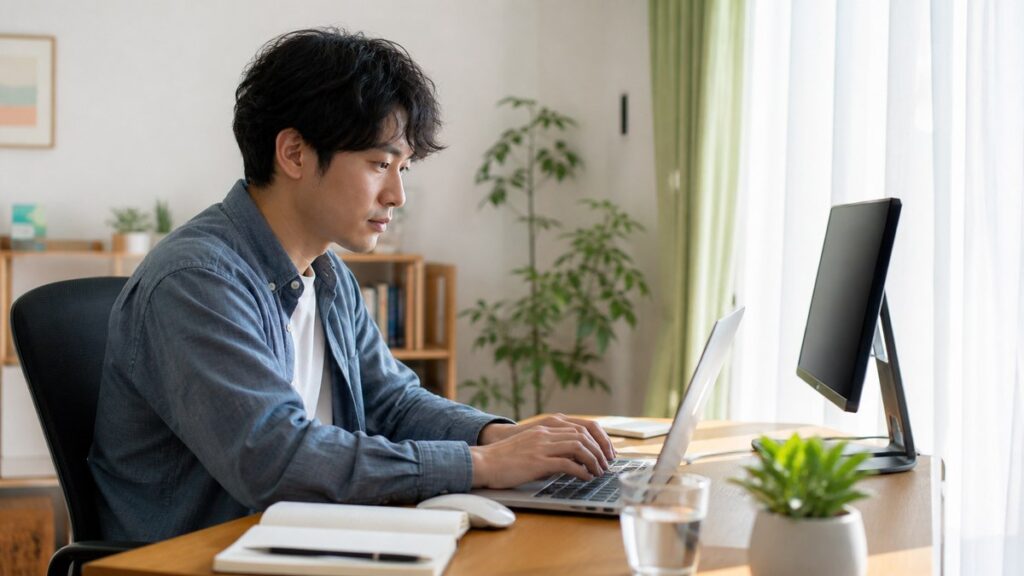 自宅の落ち着いた環境でリモートのIT業務に取り組む日本人の社会人