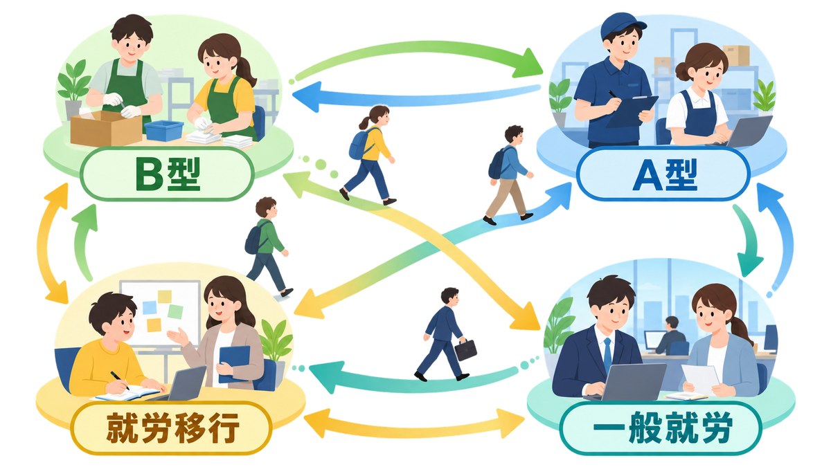 B型・A型・就労移行・一般就労を状況に応じて移動できるルート図