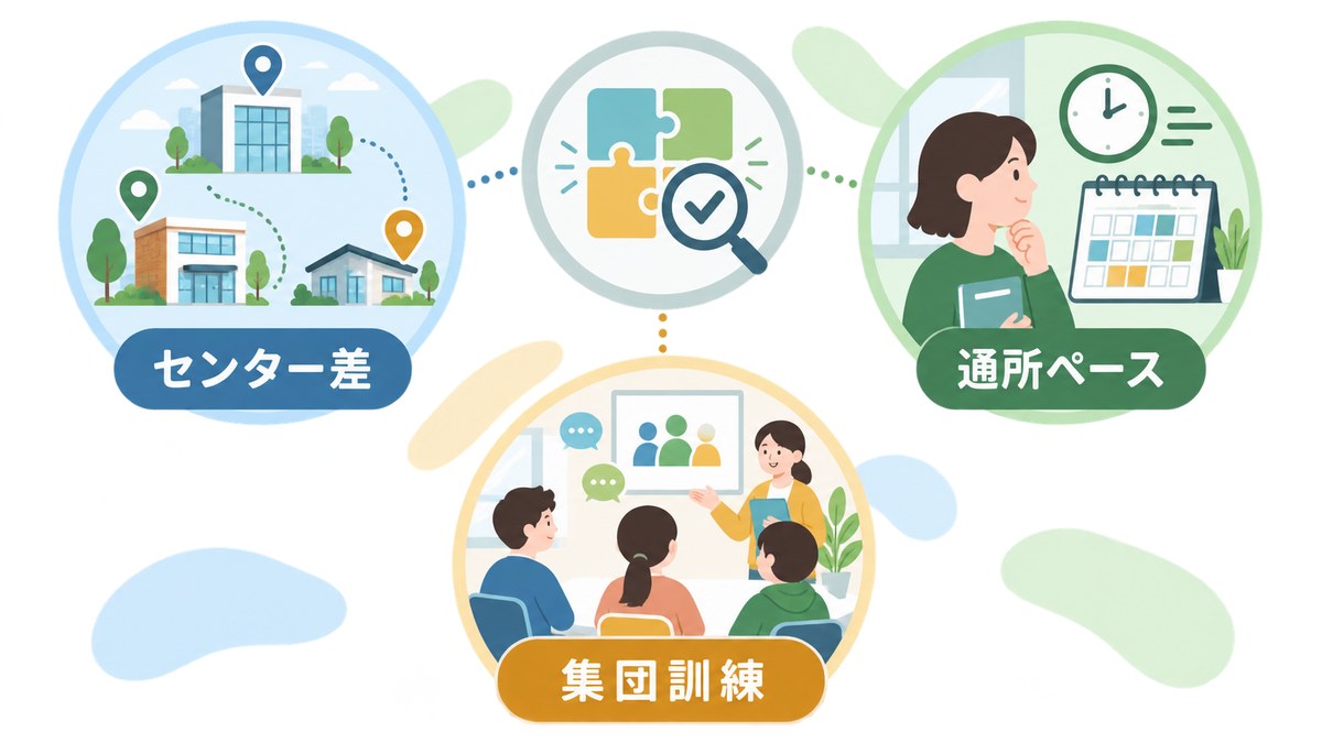 センター差・通所ペース・集団訓練というミスマッチ要因を示す図解