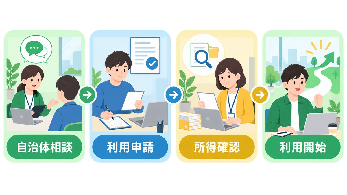 自治体相談から利用開始までの利用条件と料金確認の流れを示す図解