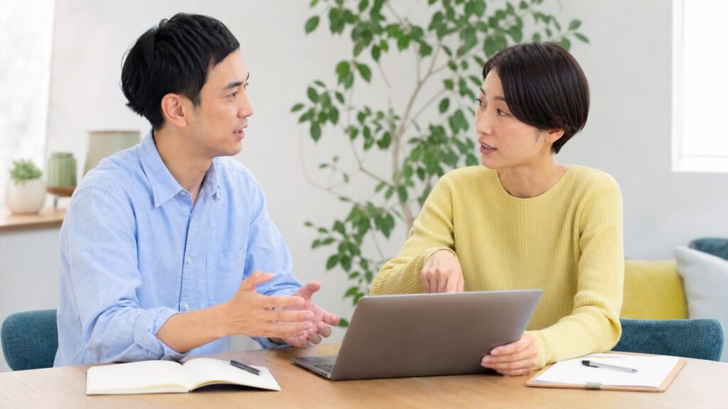 ノートパソコンを見ながらIT職に関する疑問を対等に相談する日本人の社会人